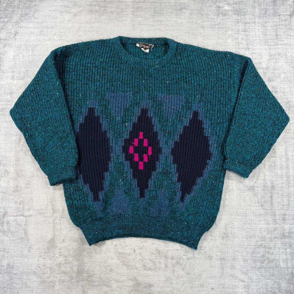 Modango Sweater Mens XL Blue Vintage Wool Geometric Chunky Knit Made In Italy